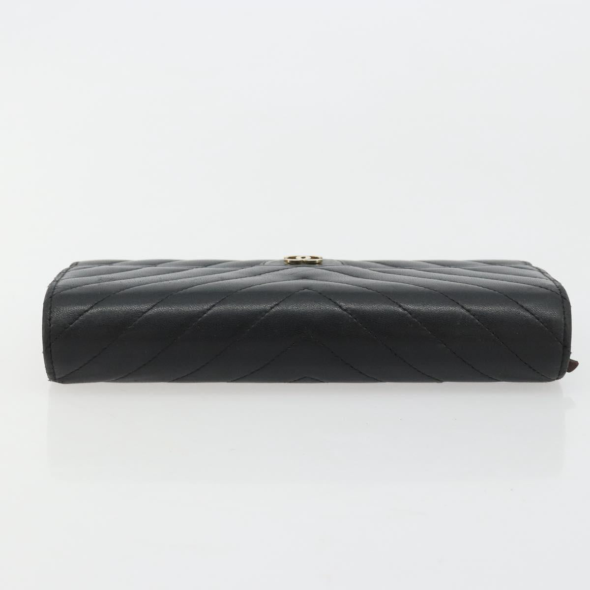 CHANEL V Stitch Long Wallet Lamb Skin Black Gold CC Auth yk20483