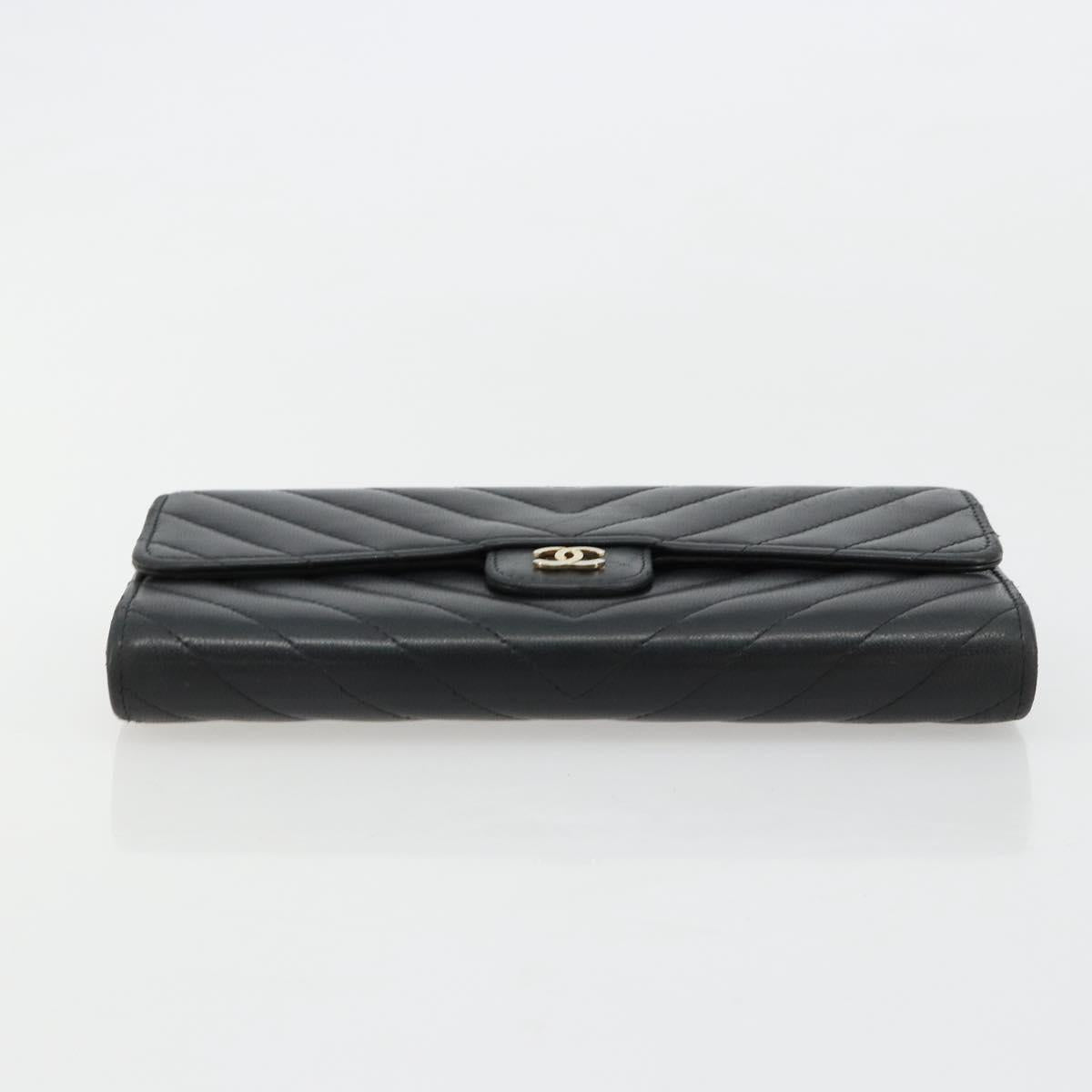 CHANEL V Stitch Long Wallet Lamb Skin Black Gold CC Auth yk20483
