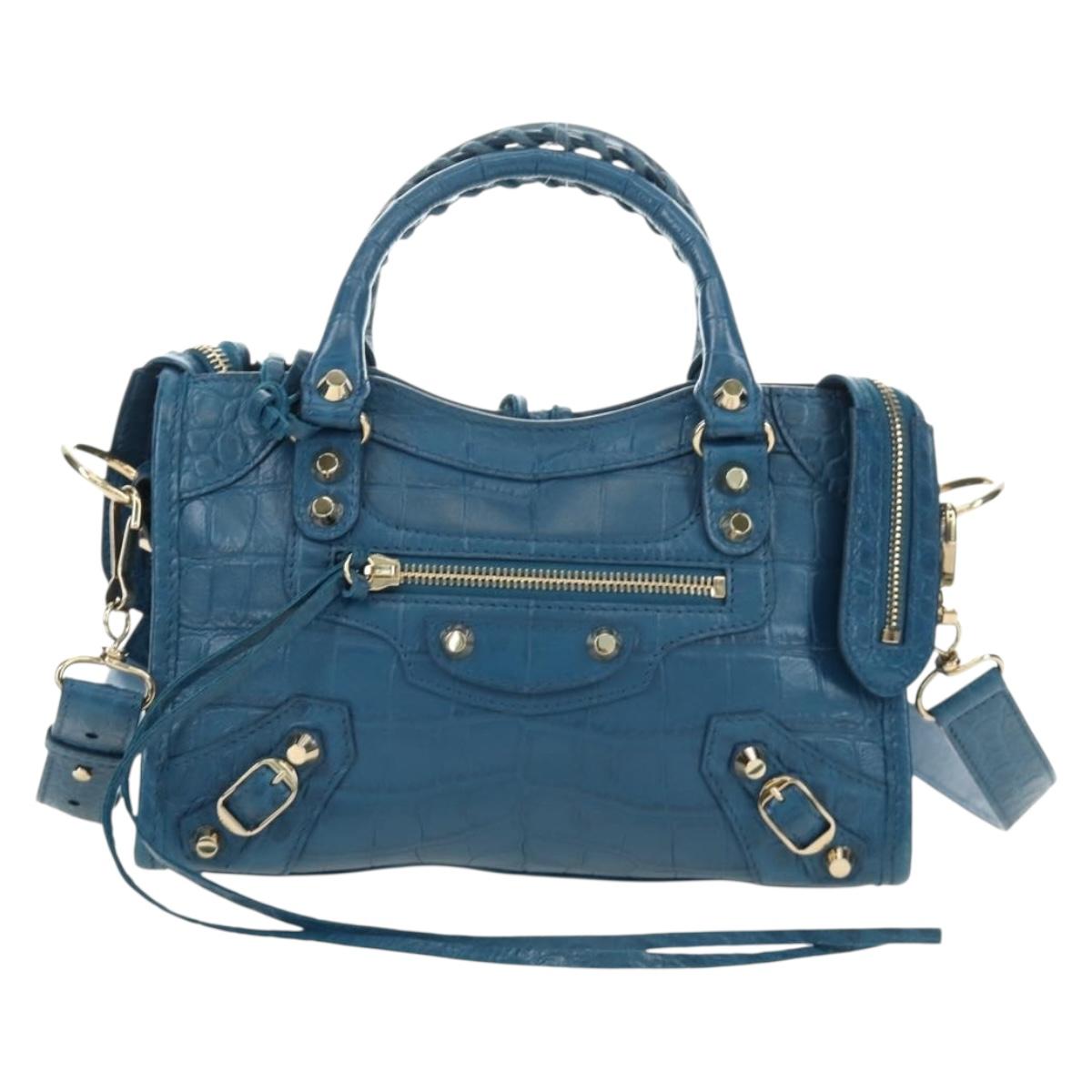 BALENCIAGA Classic Mini City Bag Embossed leather Blue 300295 Auth yk20503SAM