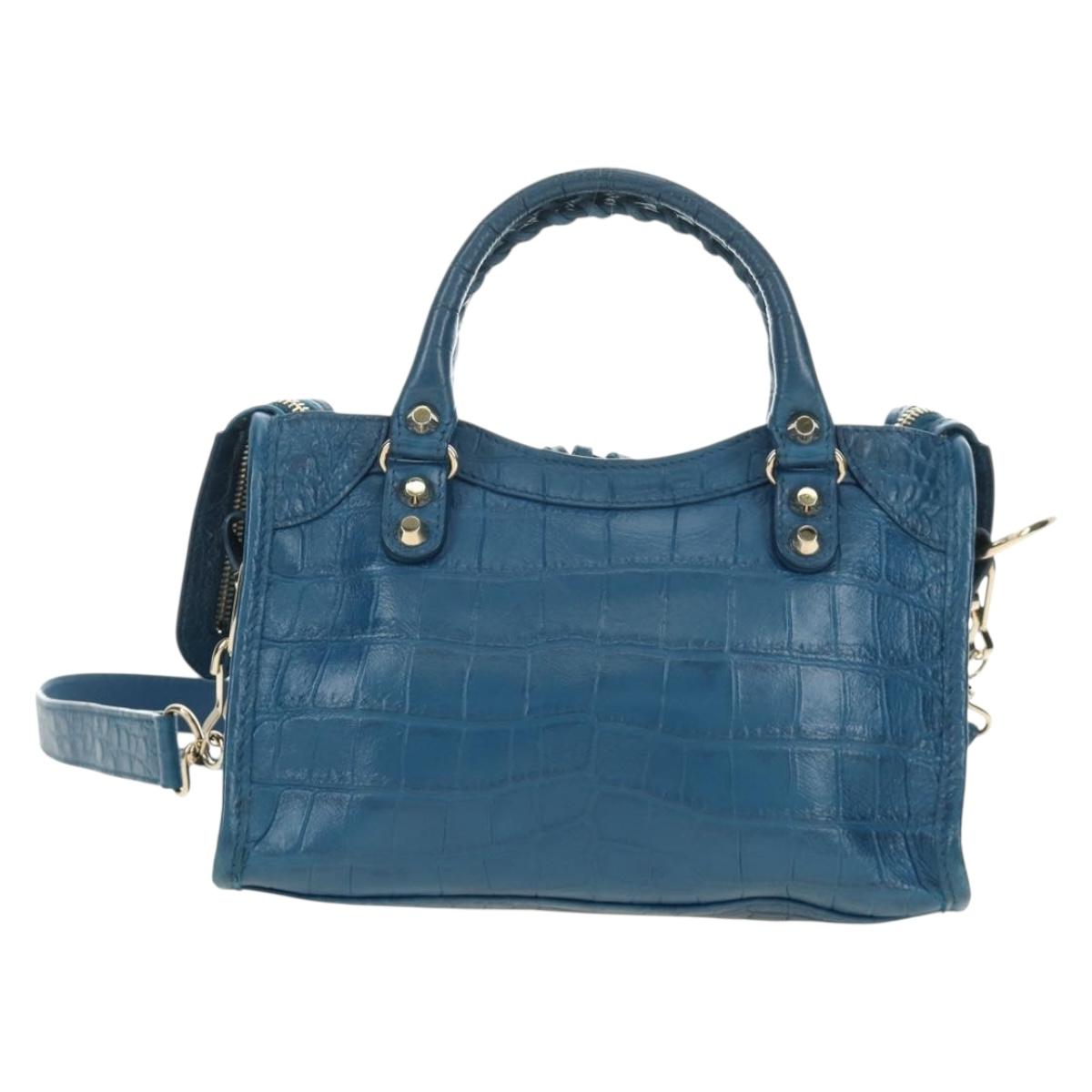 BALENCIAGA Classic Mini City Bag Embossed leather Blue 300295 Auth yk20503SAM