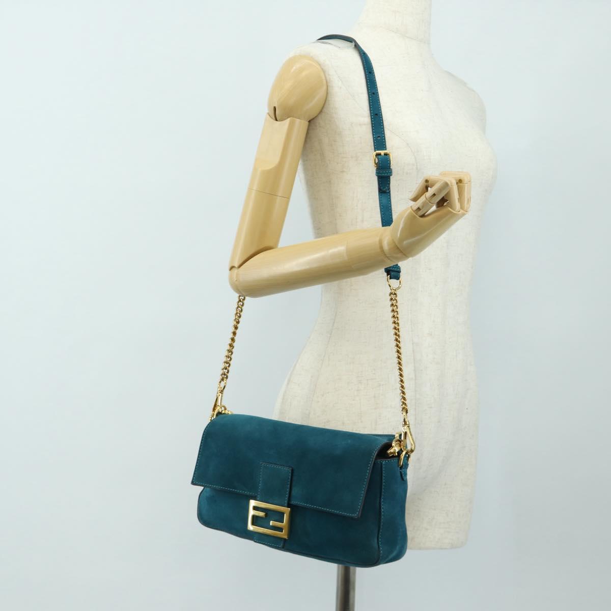 FENDI Mamma Baguette Hand Bag Suede 2way Blue Gold Auth yk20507SAM