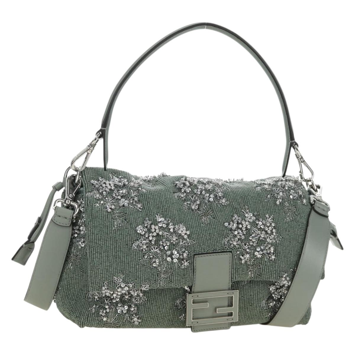 FENDI Mamma Baguette Shoulder Bag Beads 2way Green Silver Auth yk20510SM