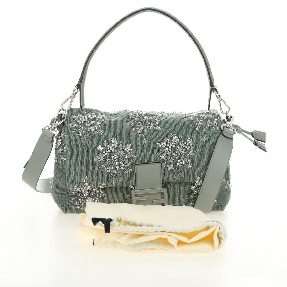 FENDI Mamma Baguette Shoulder Bag Beads 2way Green Silver Auth yk20510SM