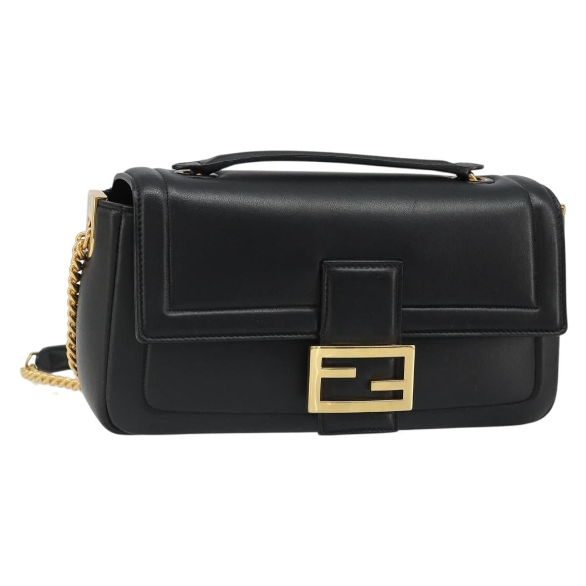 FENDI baguette Chain Shoulder Bag Leather Black Gold Auth yk20513SAV