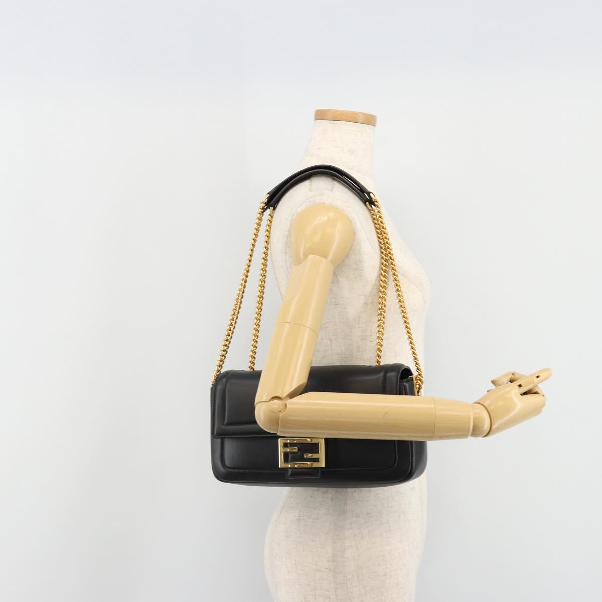 FENDI baguette Chain Shoulder Bag Leather Black Gold Auth yk20513SAV