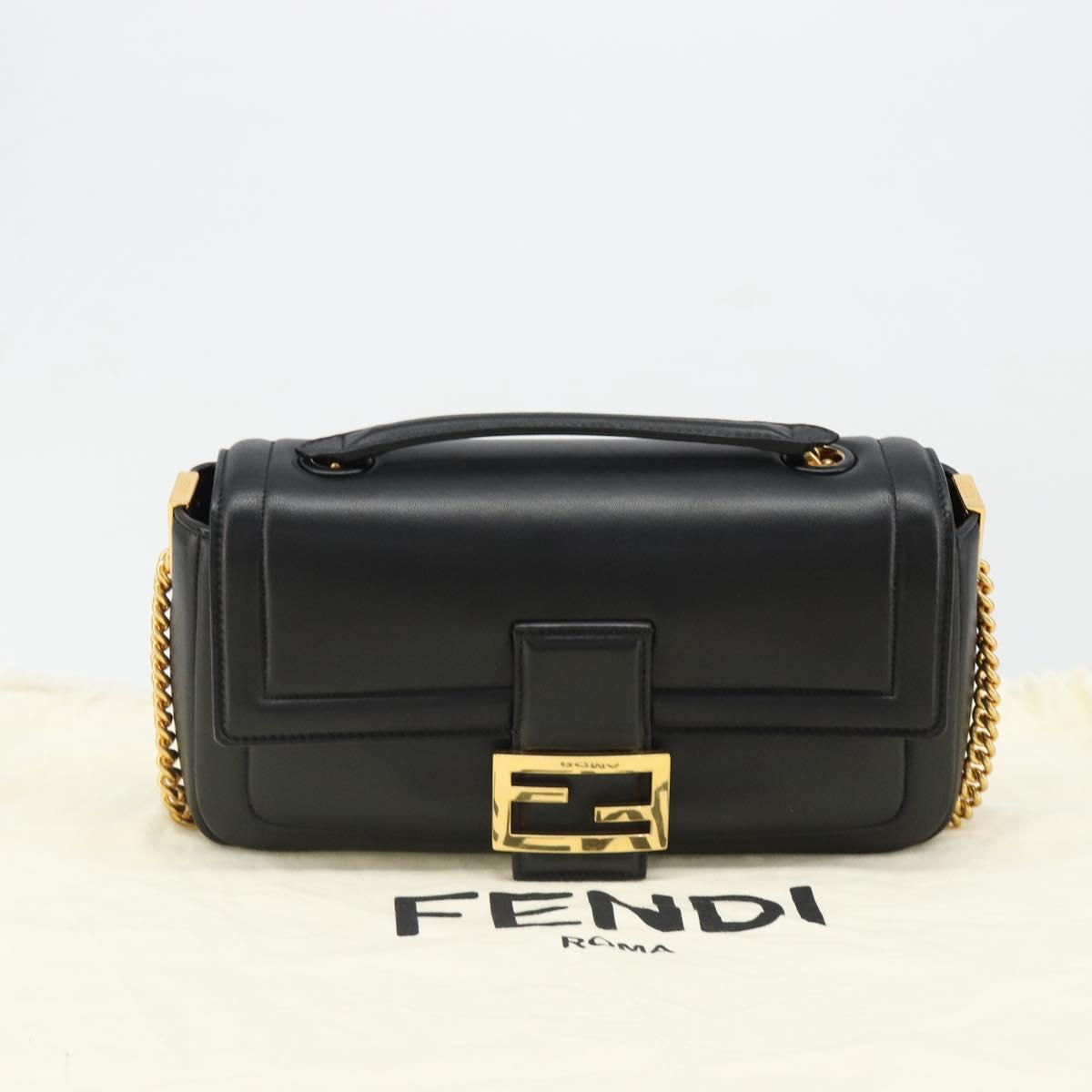 FENDI baguette Chain Shoulder Bag Leather Black Gold Auth yk20513SAV