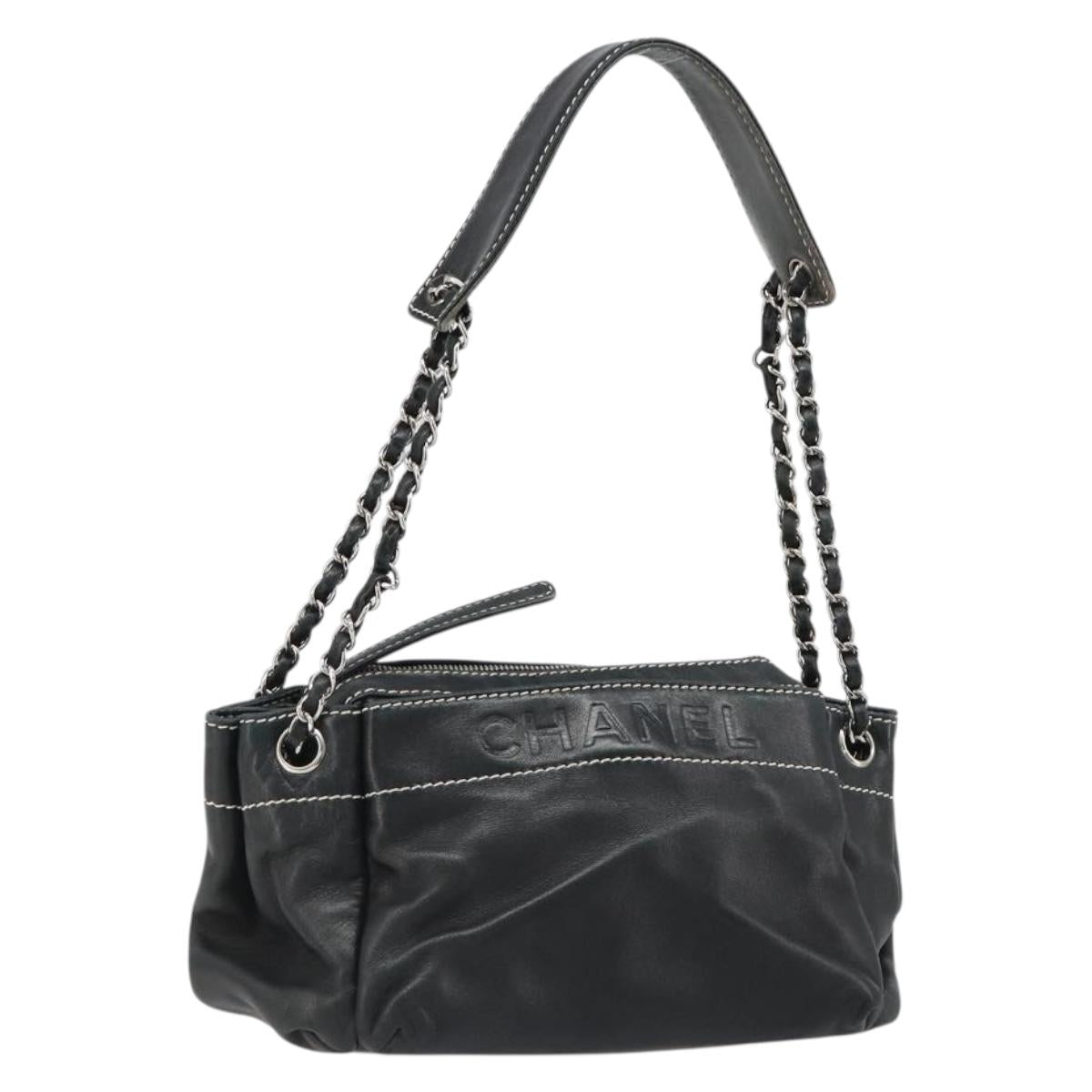 CHANEL Chain Shoulder Bag Lamb Skin Black Silver CC Auth yk20519V