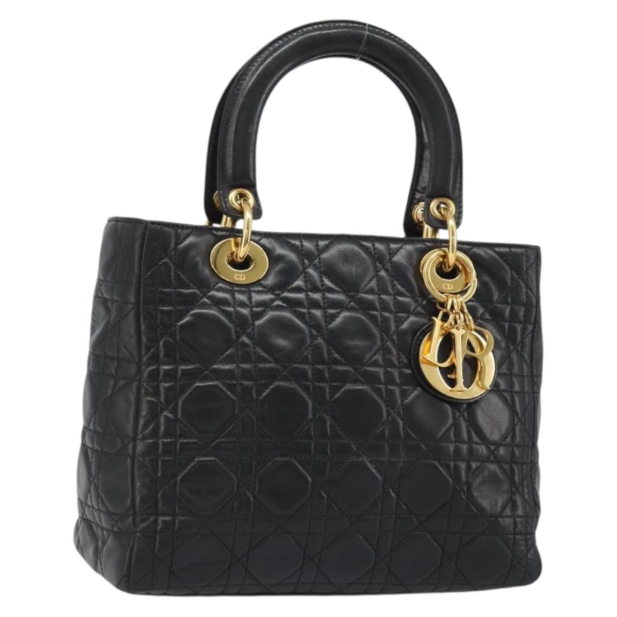 Christian Dior Canage Hand Bag Lamb Skin Black Gold Auth yk20520SAV