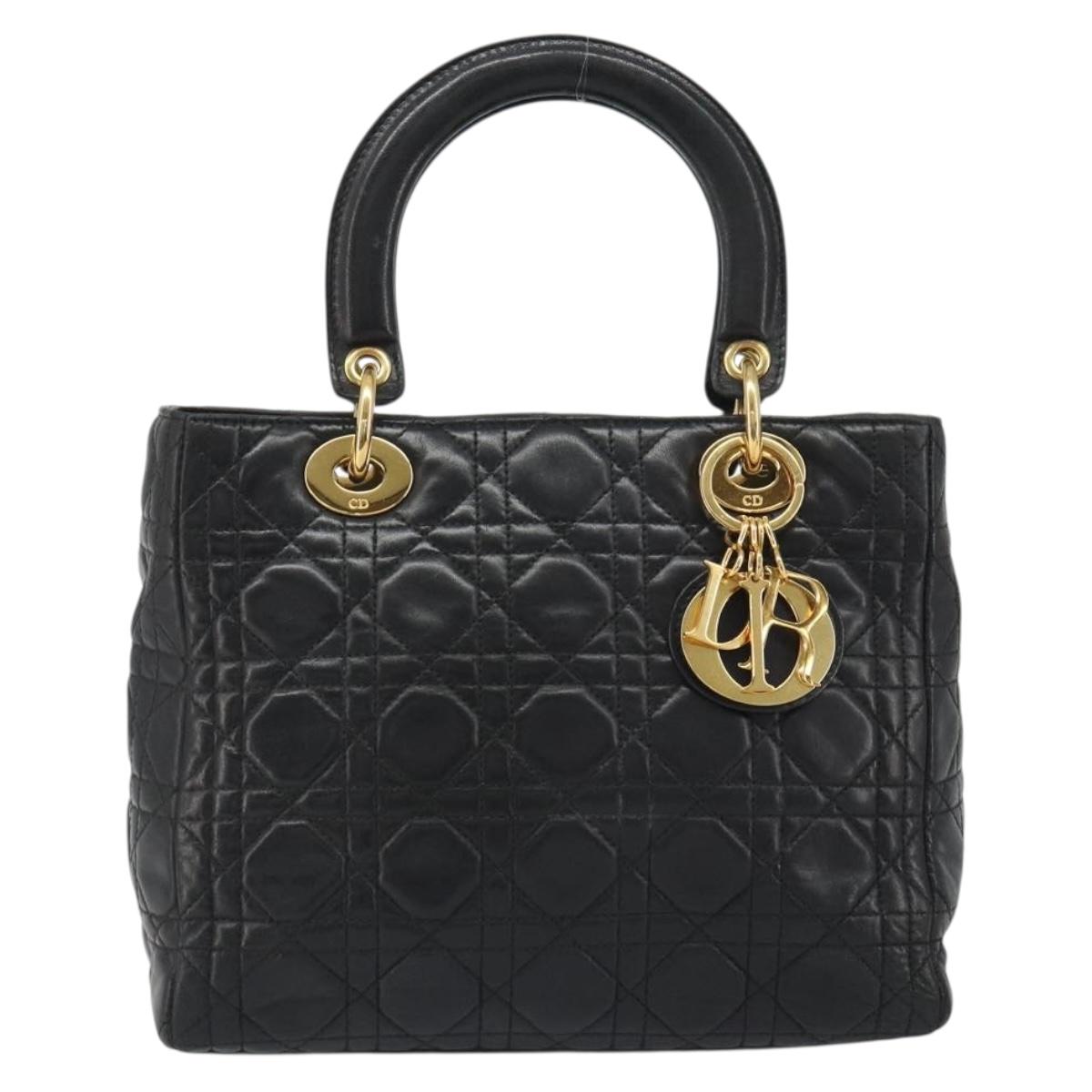 Christian Dior Canage Hand Bag Lamb Skin Black Gold Auth yk20520SAV