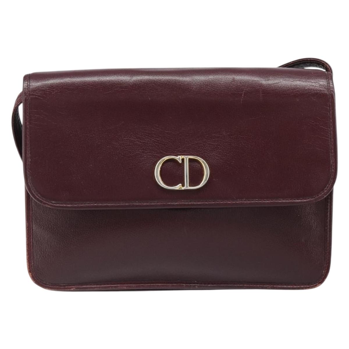 Christian Dior Shoulder Bag Leather Bordeaux Gold Auth yk20521