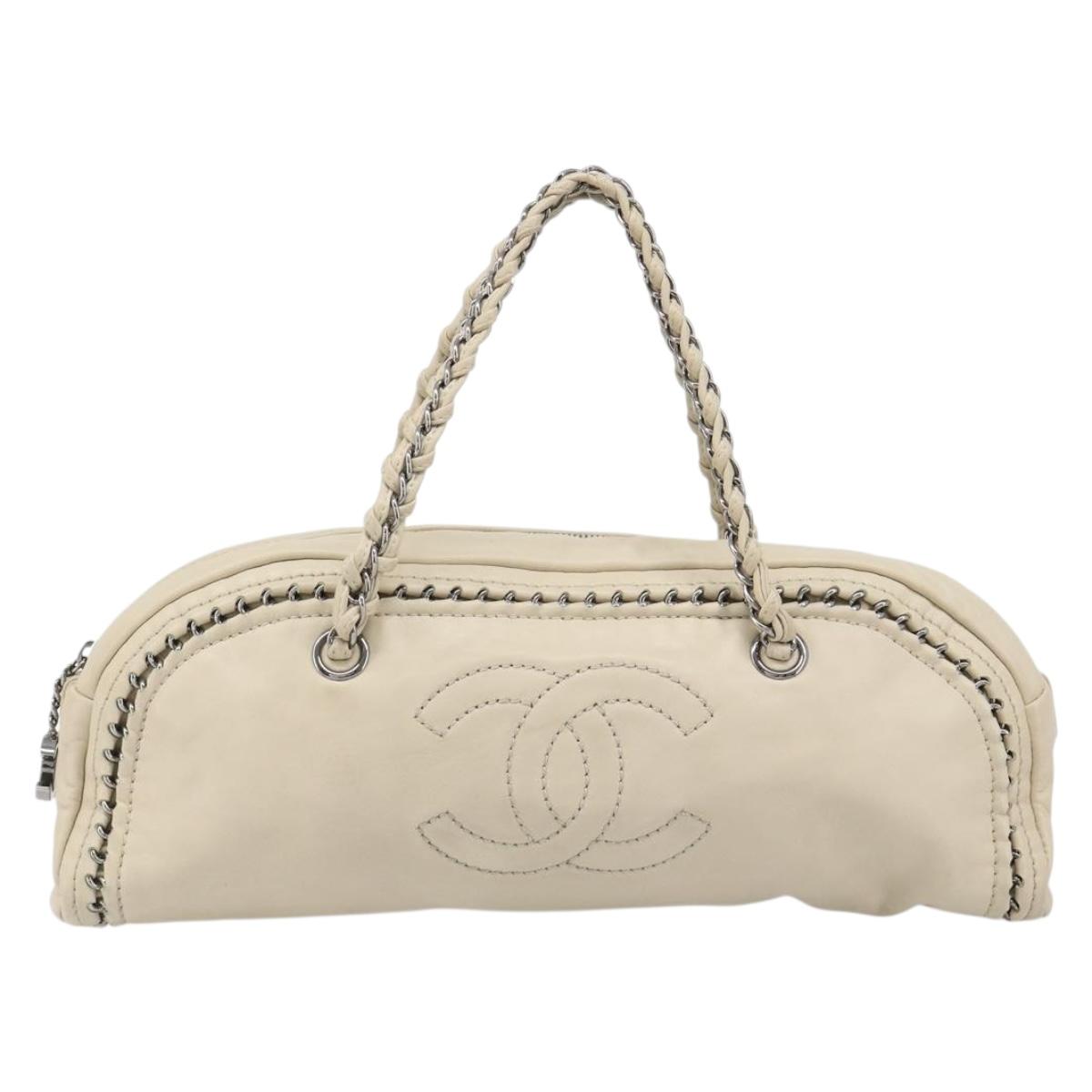 CHANEL Luxury Line Hand Bag Leather Cream Silver CC Auth yk20530SAV