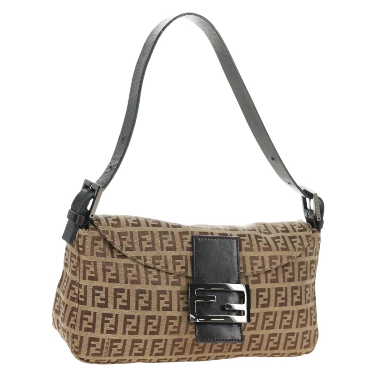 FENDI Zucchino Canvas Mamma Baguette Shoulder Bag Beige Silver Auth yk20536SAM