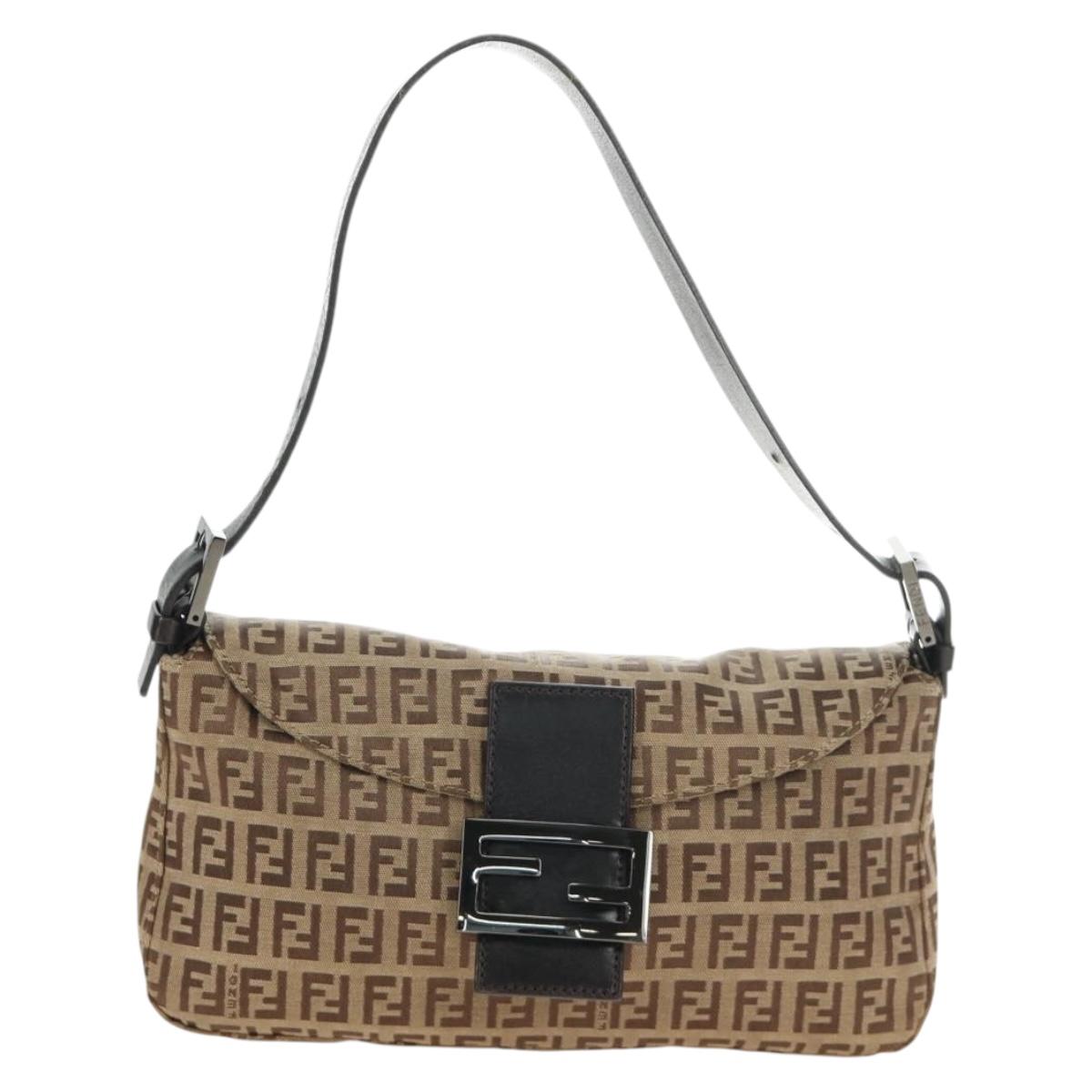 FENDI Zucchino Canvas Mamma Baguette Shoulder Bag Beige Silver Auth yk20536SAM