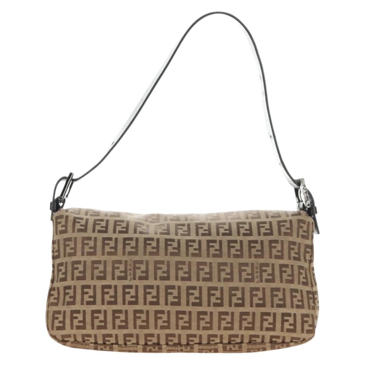 FENDI Zucchino Canvas Mamma Baguette Shoulder Bag Beige Silver Auth yk20536SAM