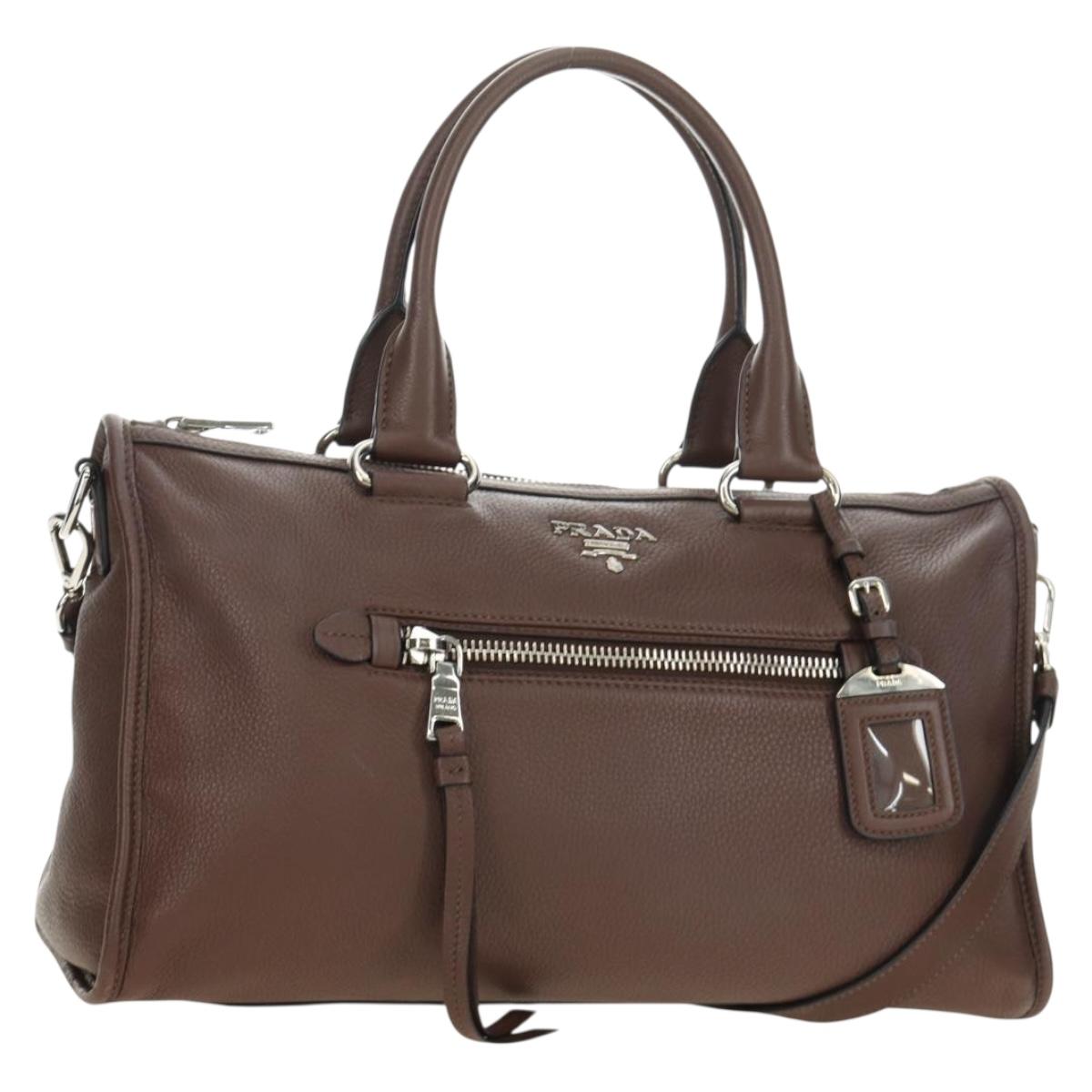 PRADA Hand Bag Leather 2way Brown Silver Auth yk20539SAM