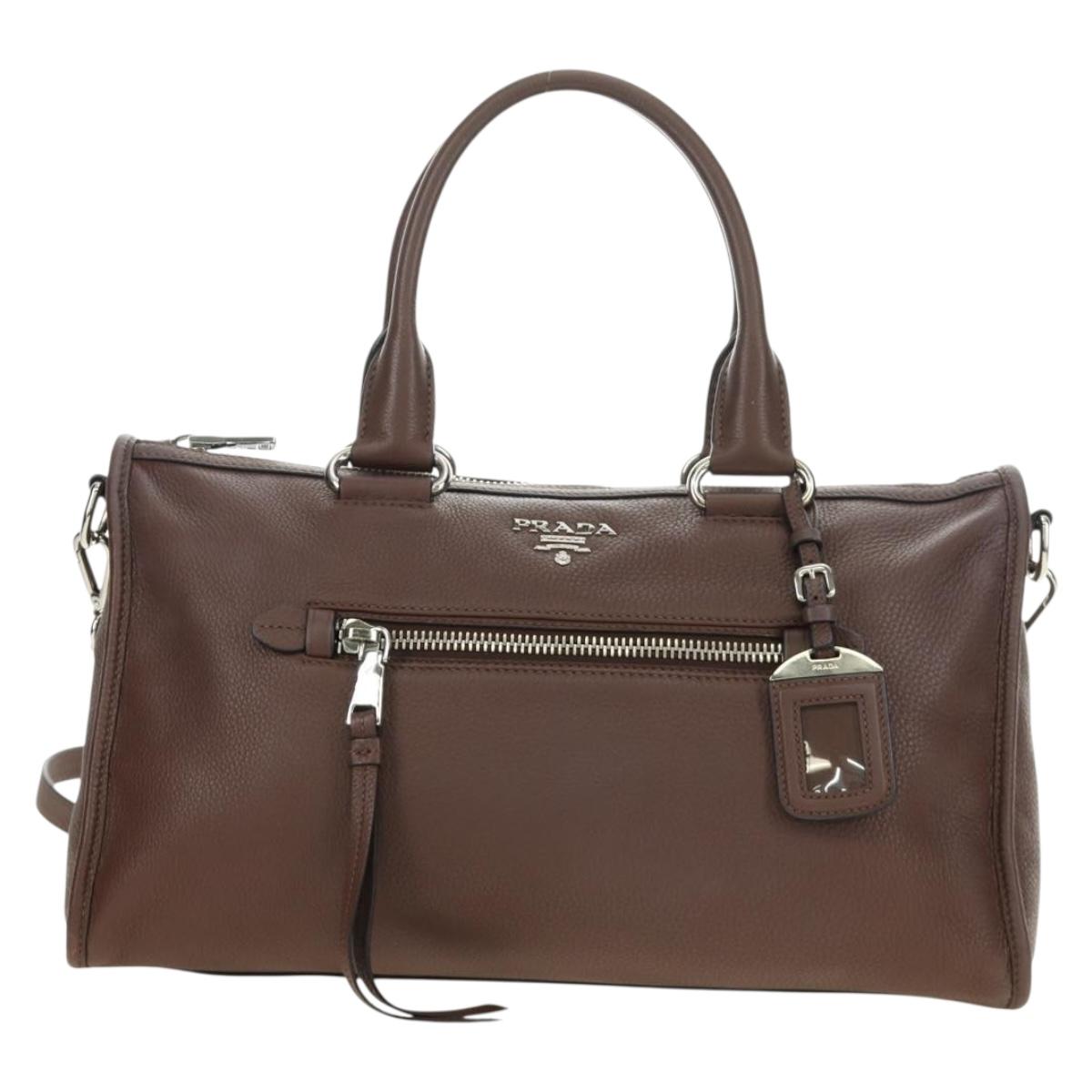 PRADA Hand Bag Leather 2way Brown Silver Auth yk20539SAM