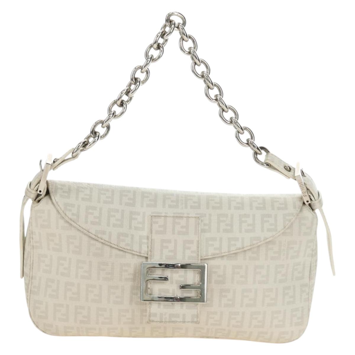 FENDI Zucchino Canvas Mamma Baguette Bag PVC White Silver Auth yk20548SAM