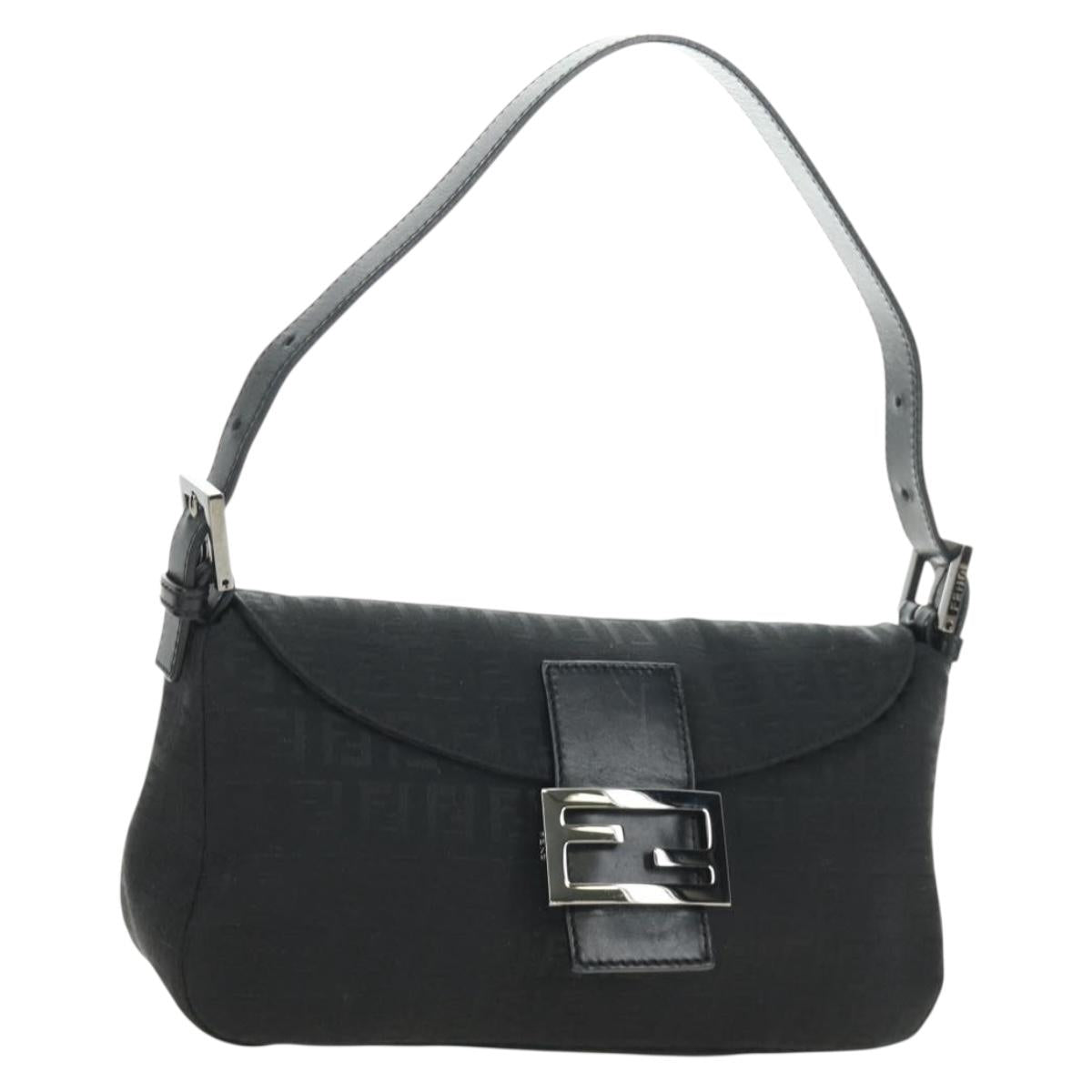 FENDI Zucchino Canvas Mamma Baguette Shoulder Bag Black Silver Auth yk20555SAM