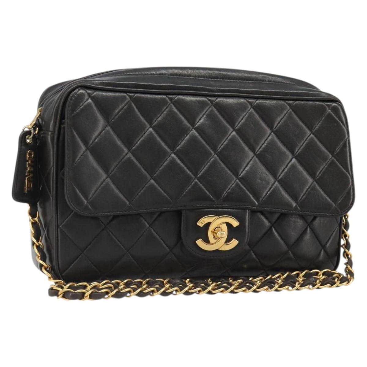 CHANEL Chain Shoulder Bag Lamb Skin Black Gold Matelasse CC Auth yk20568SAV
