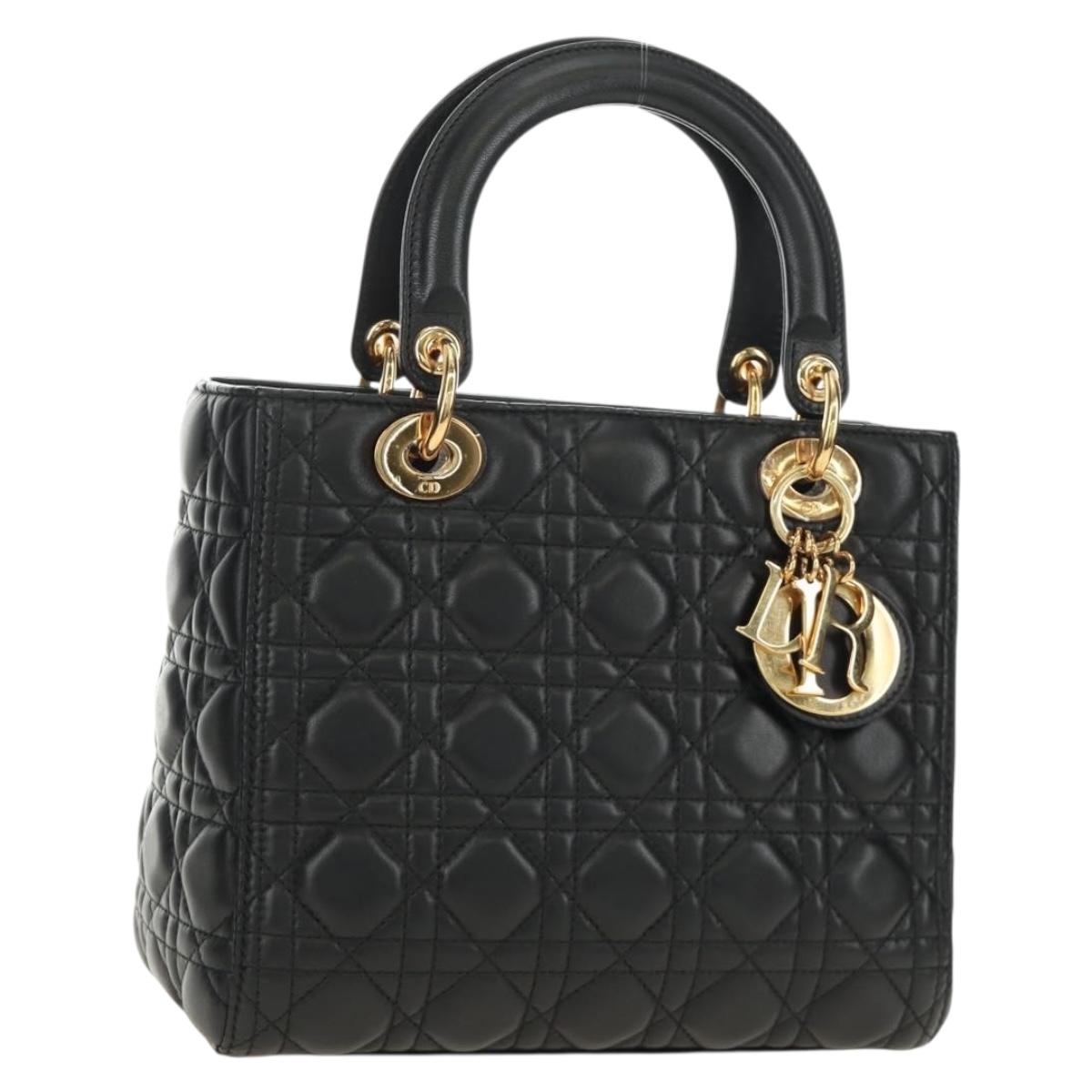 Christian Dior Canage Hand Bag Lamb Skin Black Gold Auth yk20569SAM