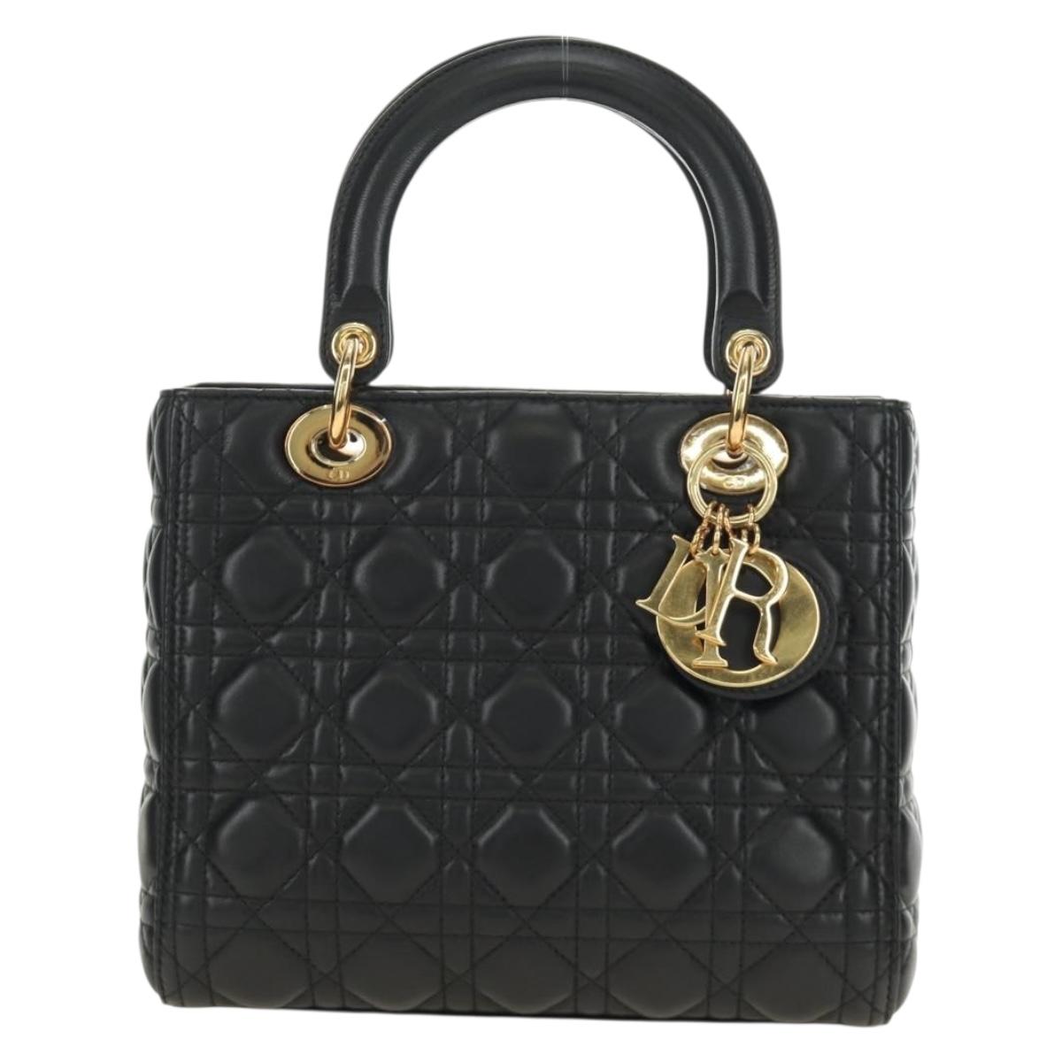 Christian Dior Canage Hand Bag Lamb Skin Black Gold Auth yk20569SAM