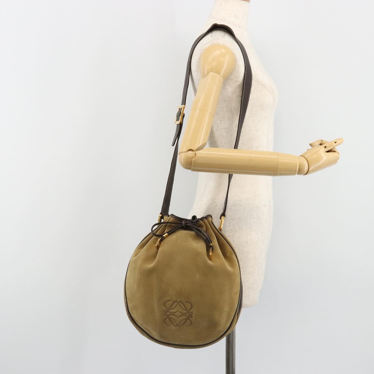LOEWE Anagram Shoulder Bag Suede Beige Gold Auth yk20584