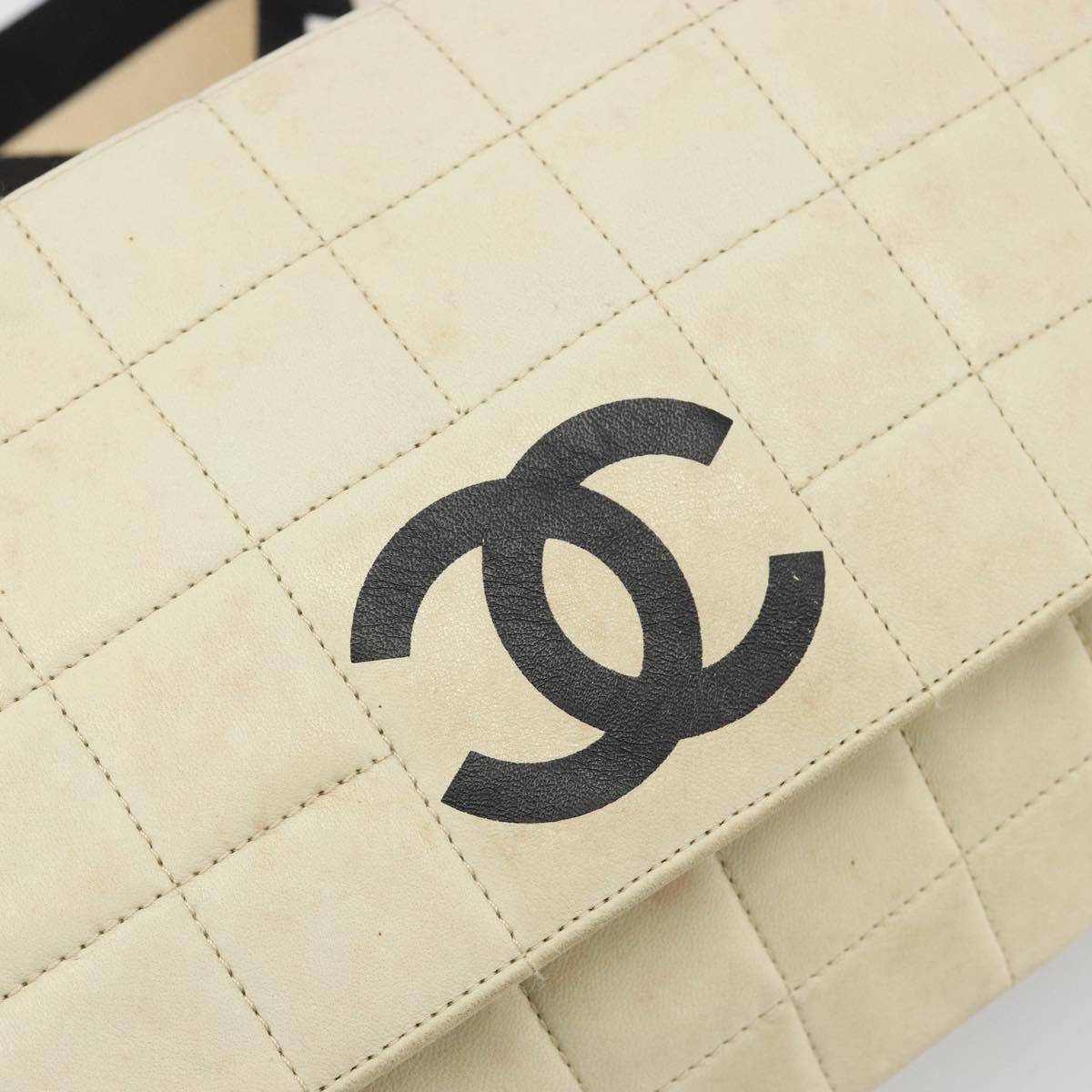 CHANEL Choco Bar Shoulder Bag Lamb Skin White Gold CC Auth yk20586