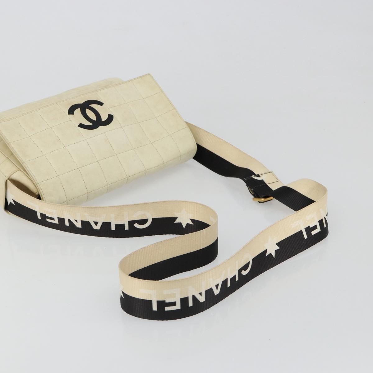 CHANEL Choco Bar Shoulder Bag Lamb Skin White Gold CC Auth yk20586