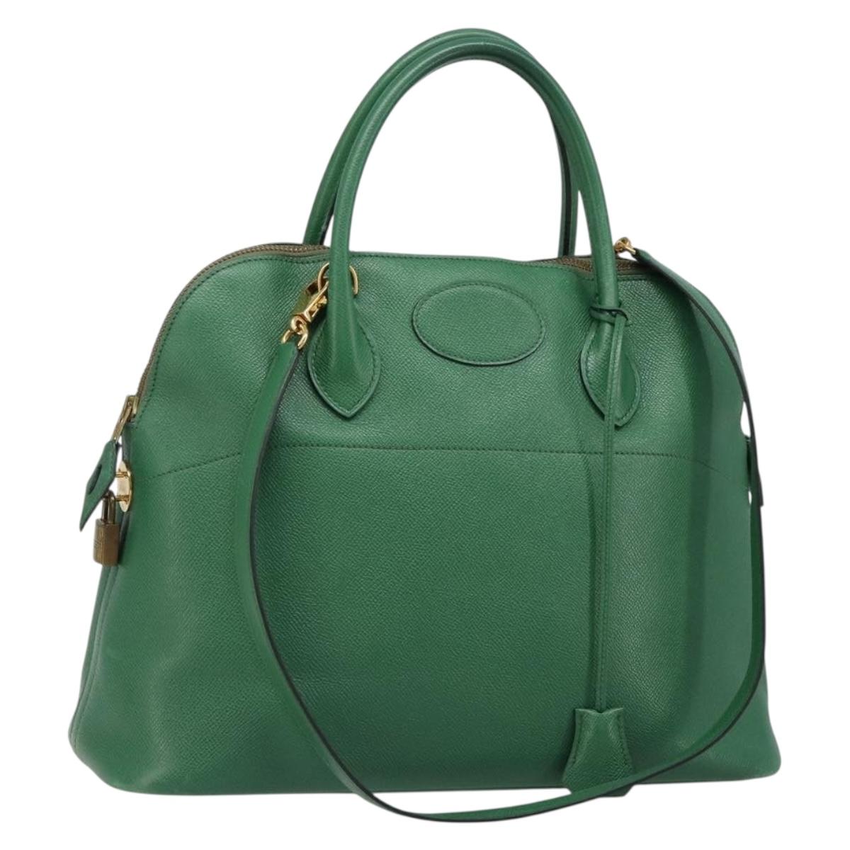 HERMES Courchevel Bolide 37 Hand Bag Leather 2way Green Gold Auth yk20592V