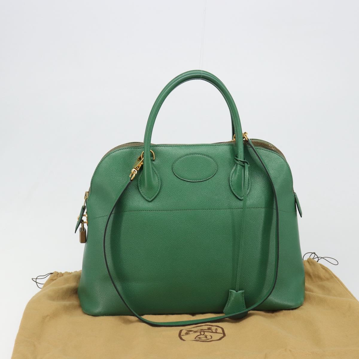 HERMES Courchevel Bolide 37 Hand Bag Leather 2way Green Gold Auth yk20592V