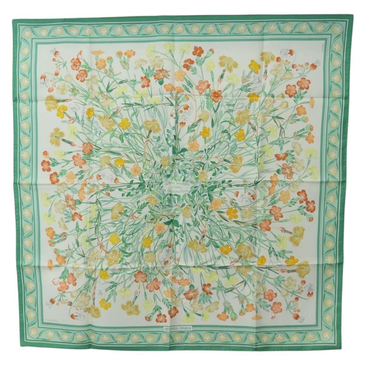 HERMES Carre 90 Scarf ""OEillets sauvages et autres"" Silk Green Auth yk20596M