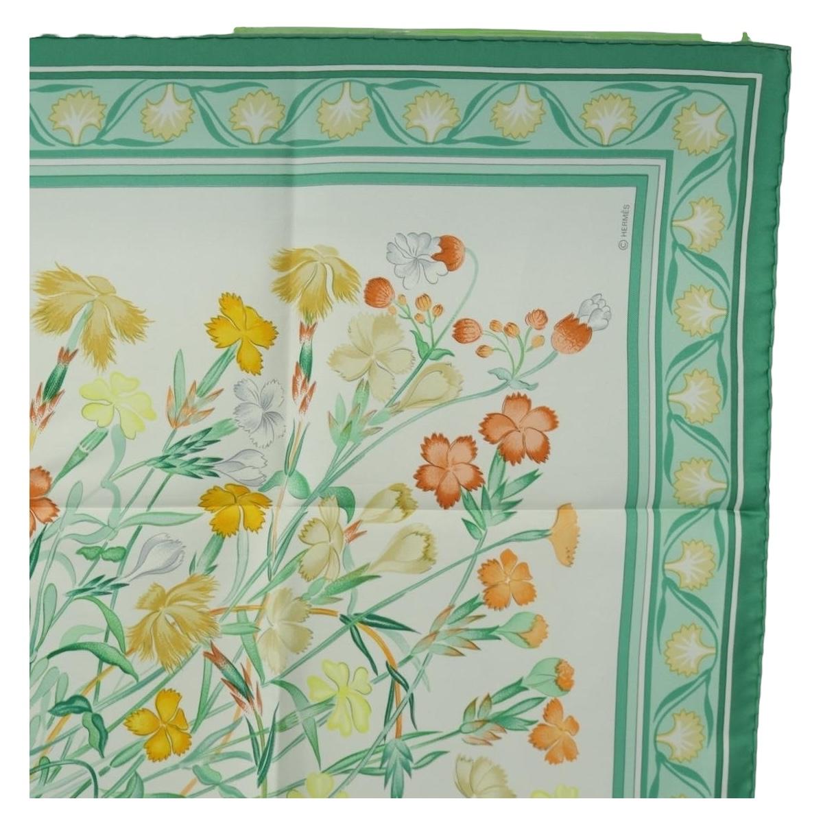 HERMES Carre 90 Scarf ""OEillets sauvages et autres"" Silk Green Auth yk20596M