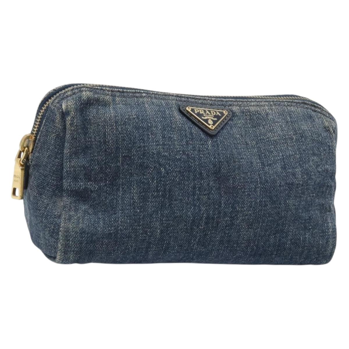 PRADA Pouch Denim Blue Gold Auth yk20598A