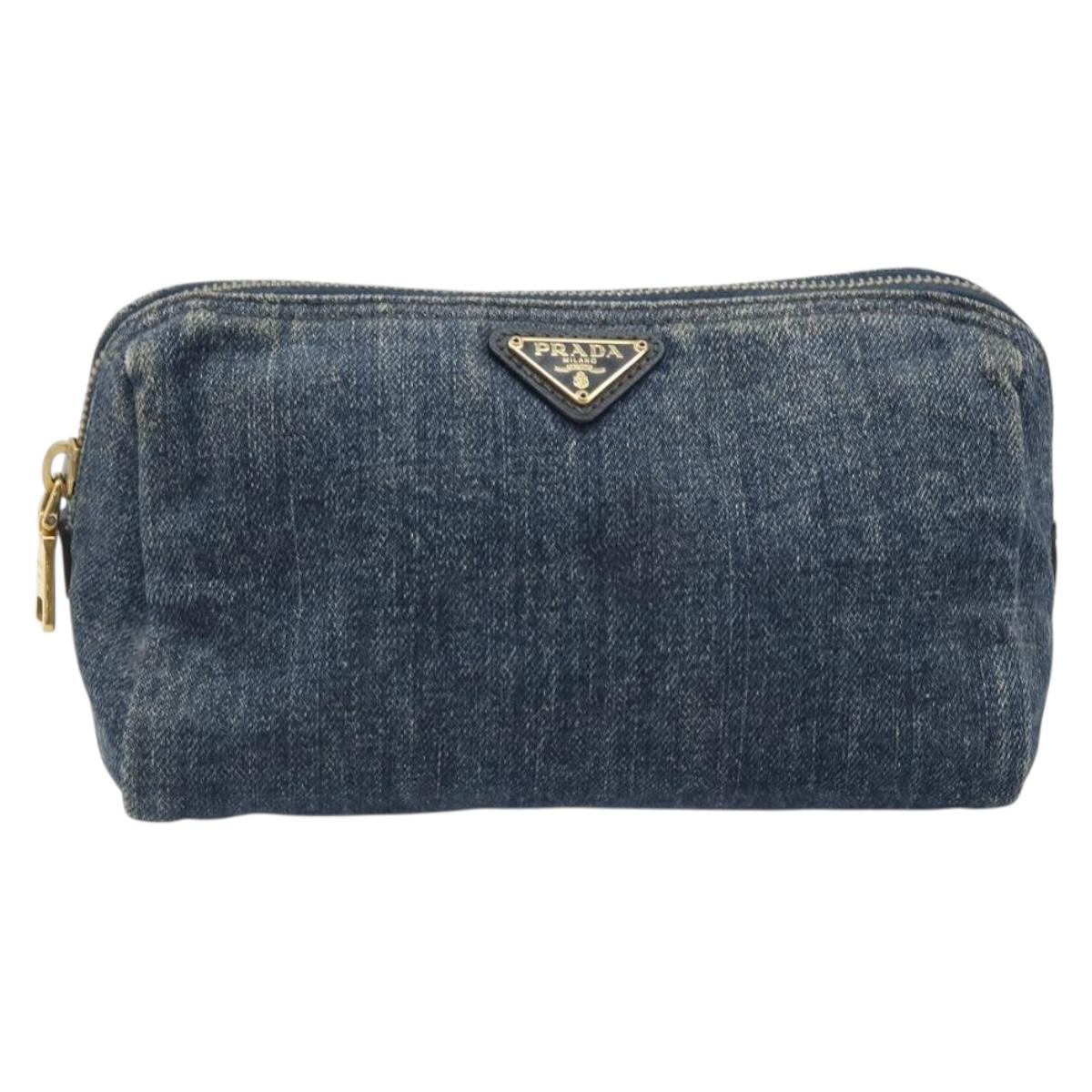 PRADA Pouch Denim Blue Gold Auth yk20598A