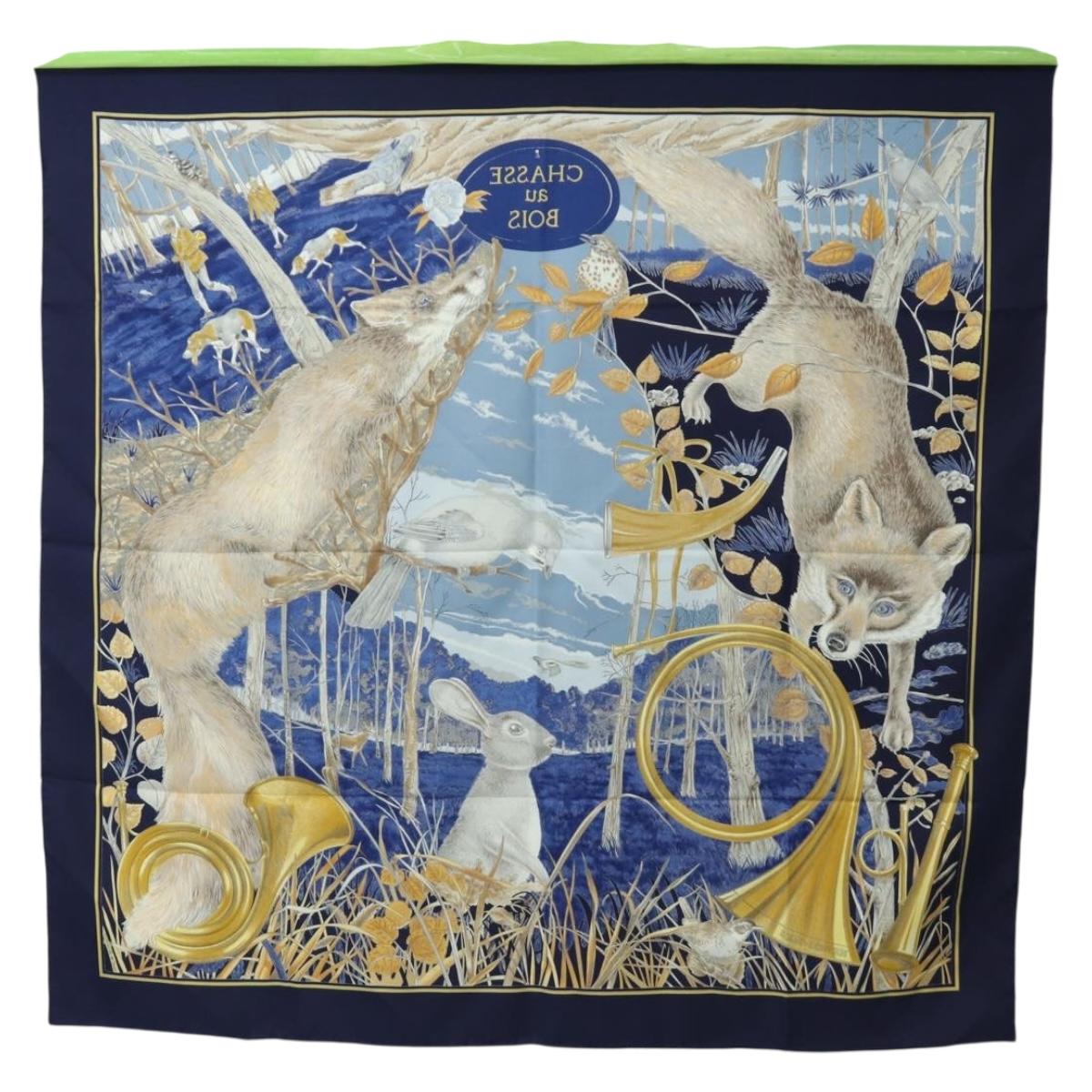 HERMES Carre 90 Scarf ""CHASSE au BOIS"" Silk Navy Auth yk20604M