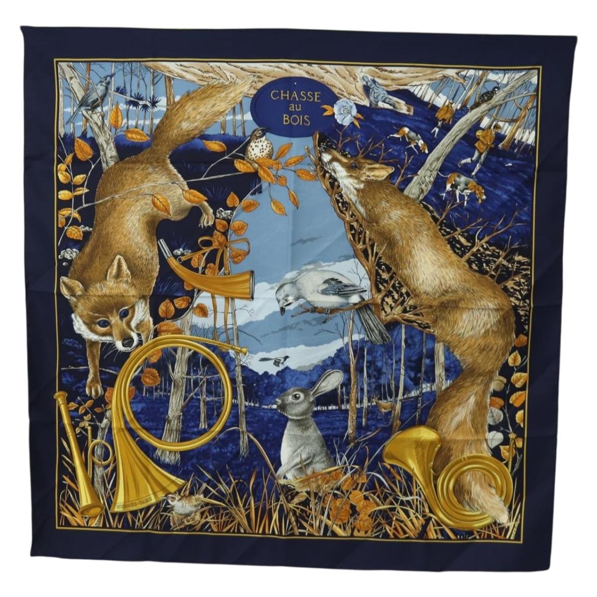 HERMES Carre 90 Scarf ""CHASSE au BOIS"" Silk Navy Auth yk20604M