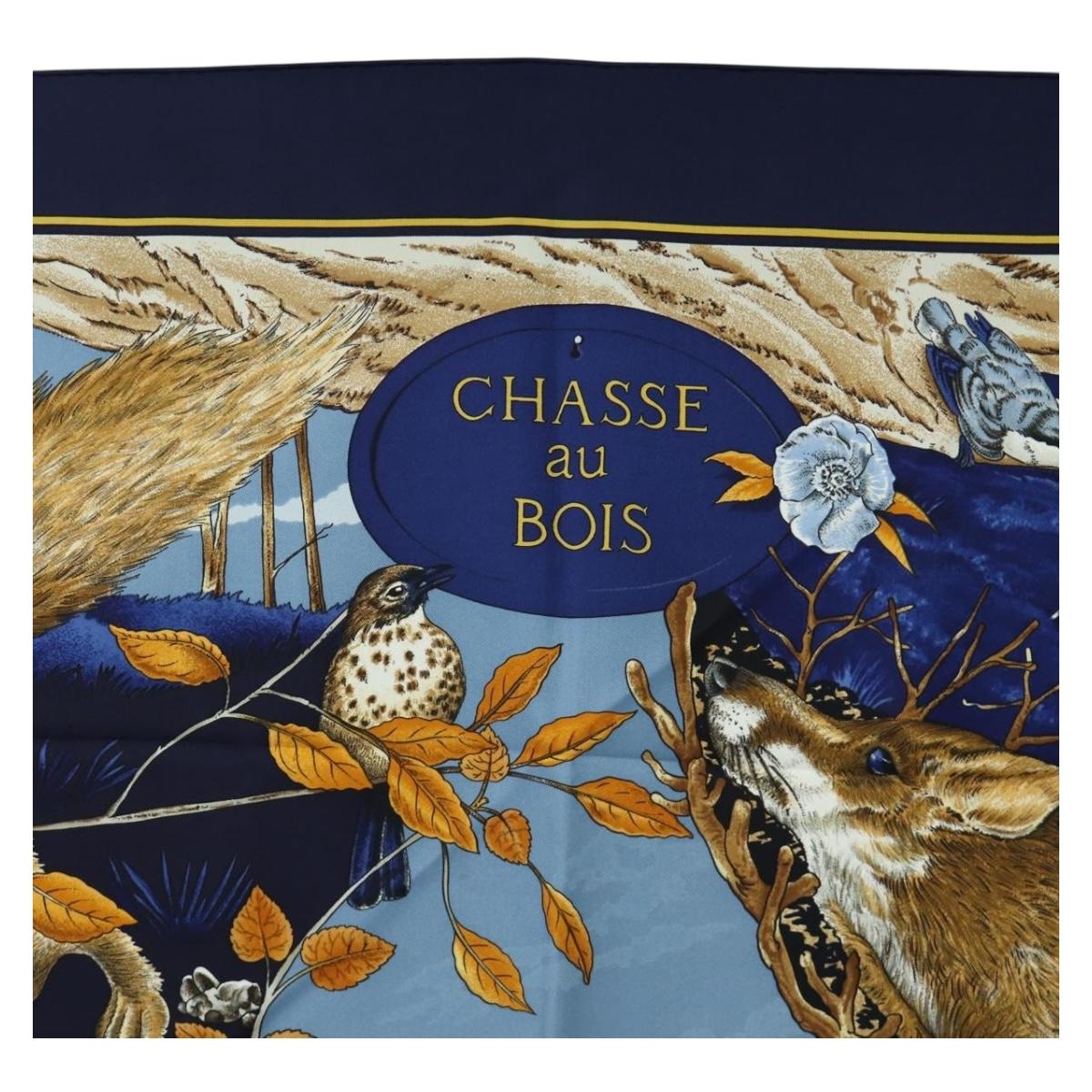 HERMES Carre 90 Scarf ""CHASSE au BOIS"" Silk Navy Auth yk20604M
