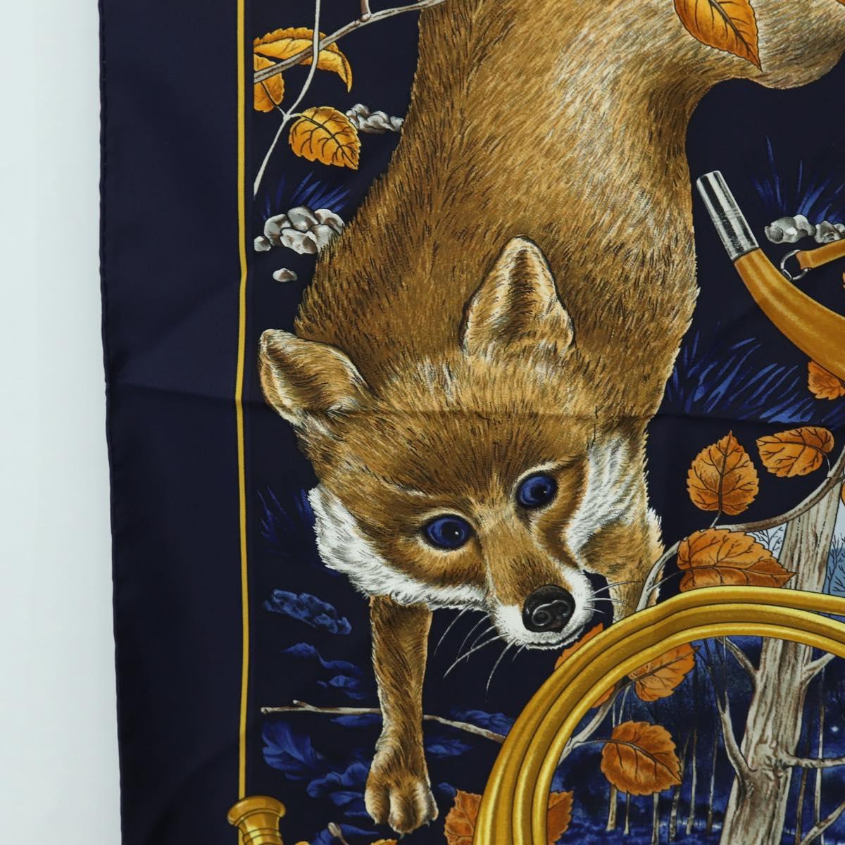 HERMES Carre 90 Scarf ""CHASSE au BOIS"" Silk Navy Auth yk20604M