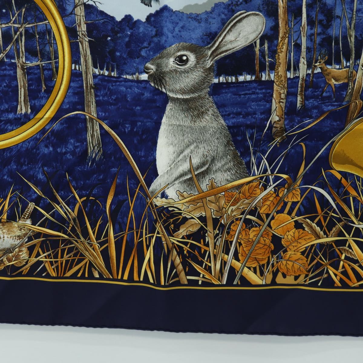 HERMES Carre 90 Scarf ""CHASSE au BOIS"" Silk Navy Auth yk20604M