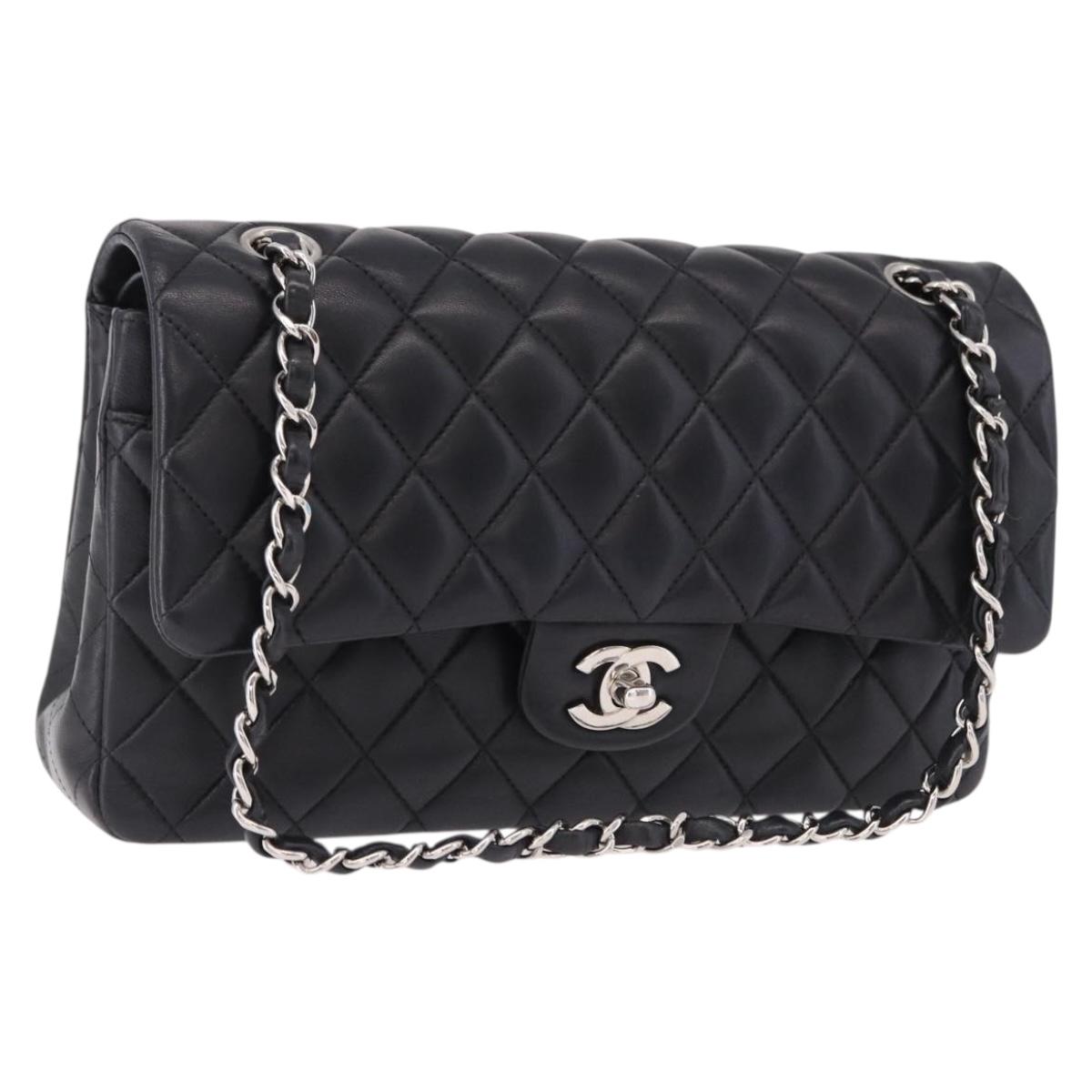 CHANEL Chain Matelasse 25 Shoulder Bag Lamb Skin Black Silver CC Auth yk20611SM