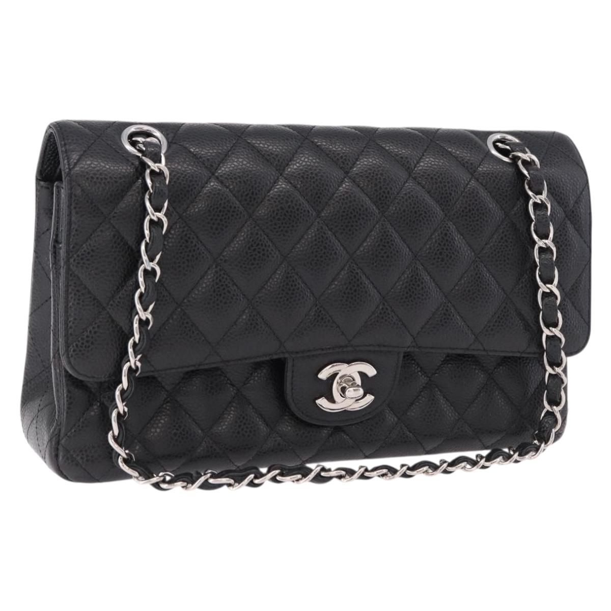 CHANEL Chain Matelasse 25 Bag Caviar Skin Black Silver CC Auth yk20612SM