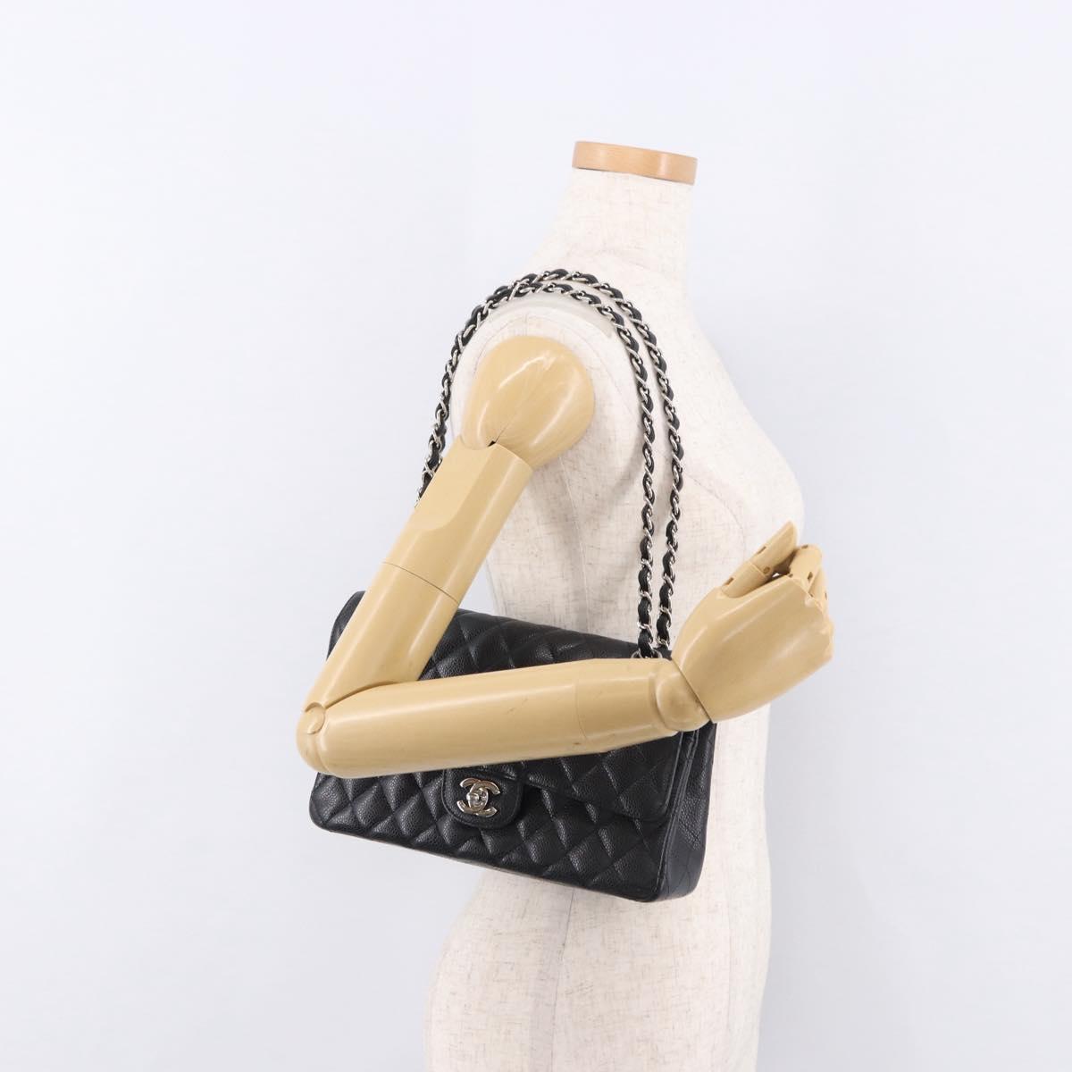 CHANEL Chain Matelasse 25 Bag Caviar Skin Black Silver CC Auth yk20612SM