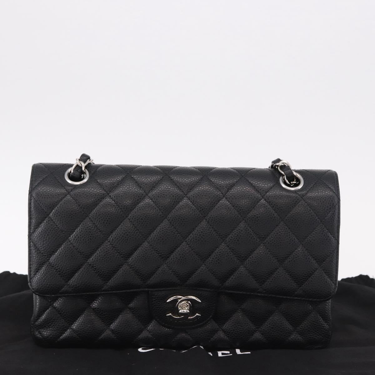 CHANEL Chain Matelasse 25 Bag Caviar Skin Black Silver CC Auth yk20612SM