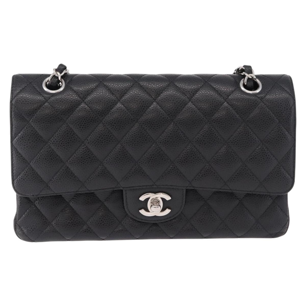 CHANEL Chain Matelasse 25 Bag Caviar Skin Black Silver CC Auth yk20612SM
