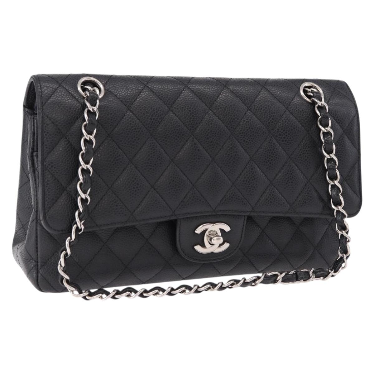 CHANEL Chain Matelasse 25 Bag Caviar Skin Black Silver CC Auth yk20613SM
