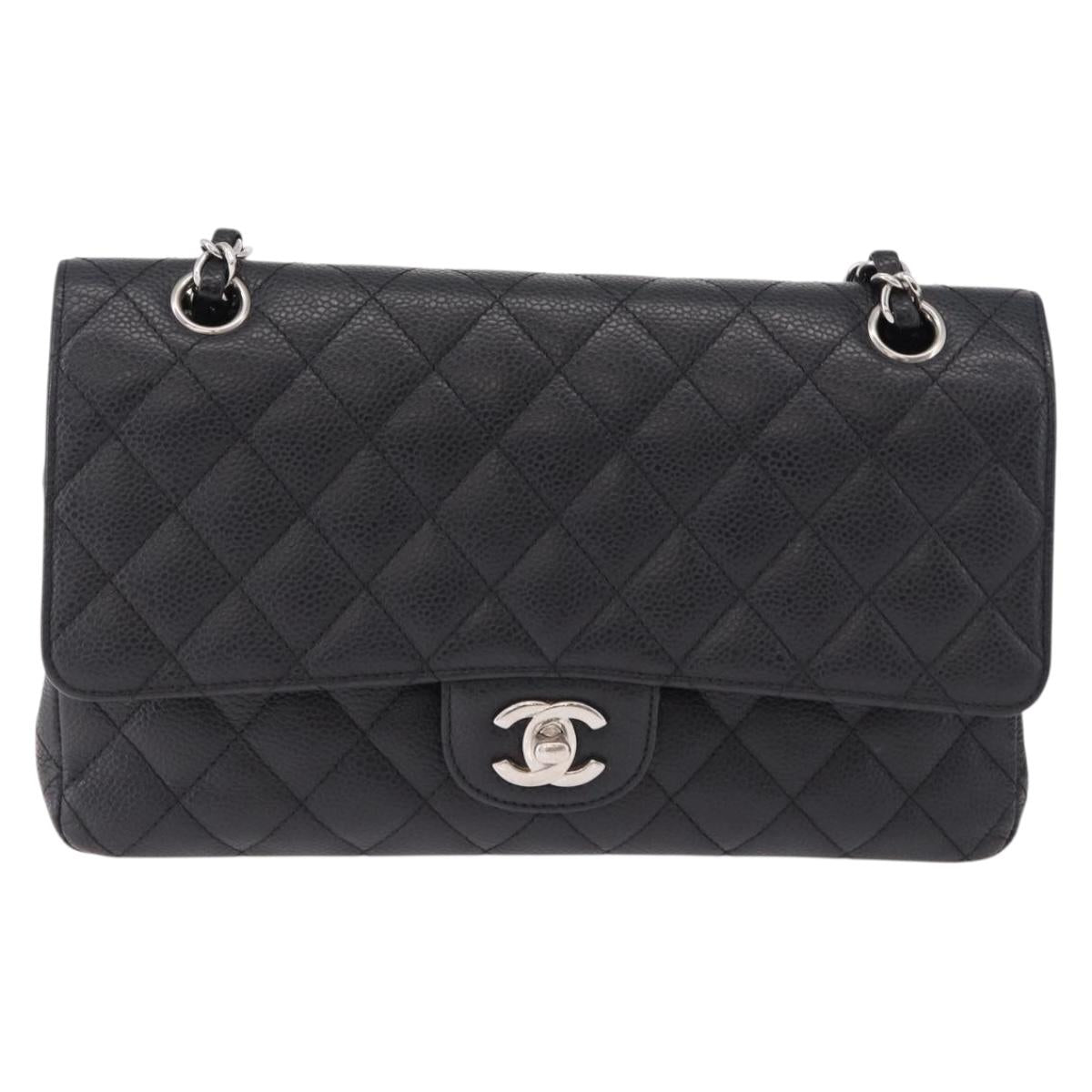 CHANEL Chain Matelasse 25 Bag Caviar Skin Black Silver CC Auth yk20613SM
