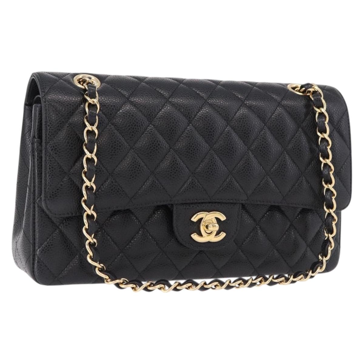 CHANEL Chain Matelasse 25 Shoulder Bag Caviar Skin Black Gold CC Auth yk20614SM