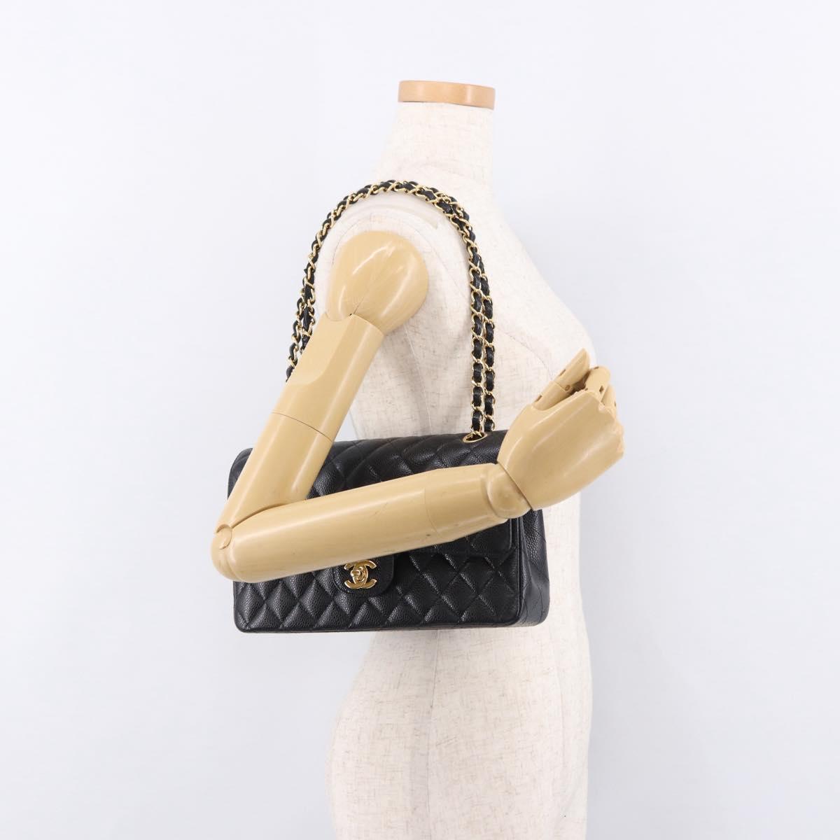 CHANEL Chain Matelasse 25 Shoulder Bag Caviar Skin Black Gold CC Auth yk20614SM