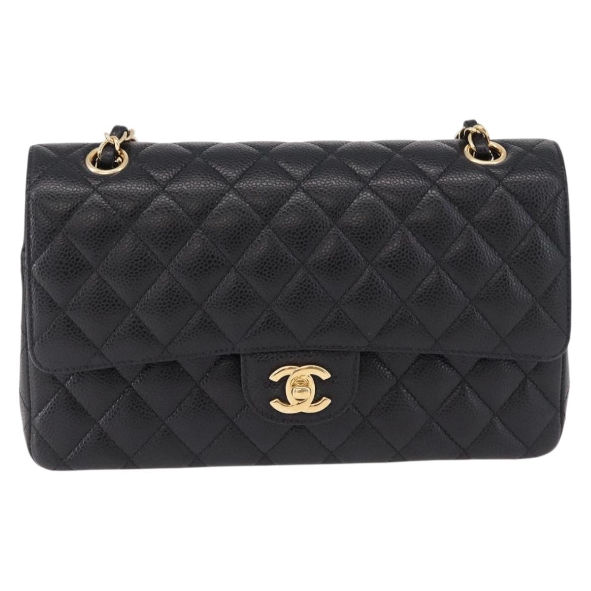 CHANEL Chain Matelasse 25 Shoulder Bag Caviar Skin Black Gold CC Auth yk20614SM