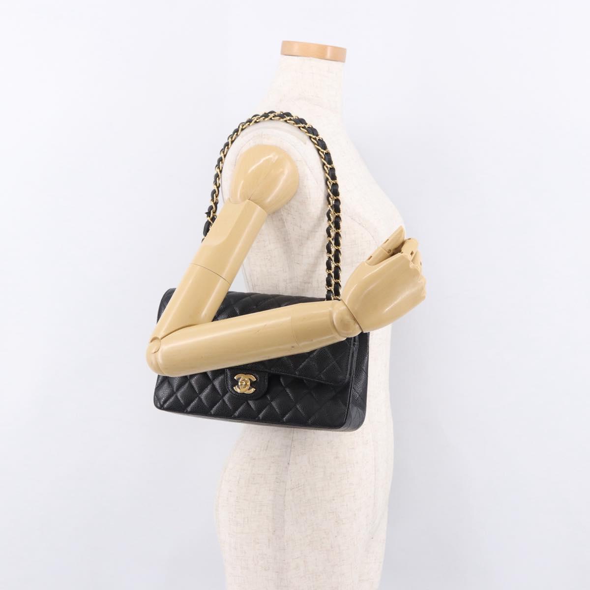 CHANEL Chain Matelasse 25 Shoulder Bag Caviar Skin Black Gold CC Auth yk20615SM